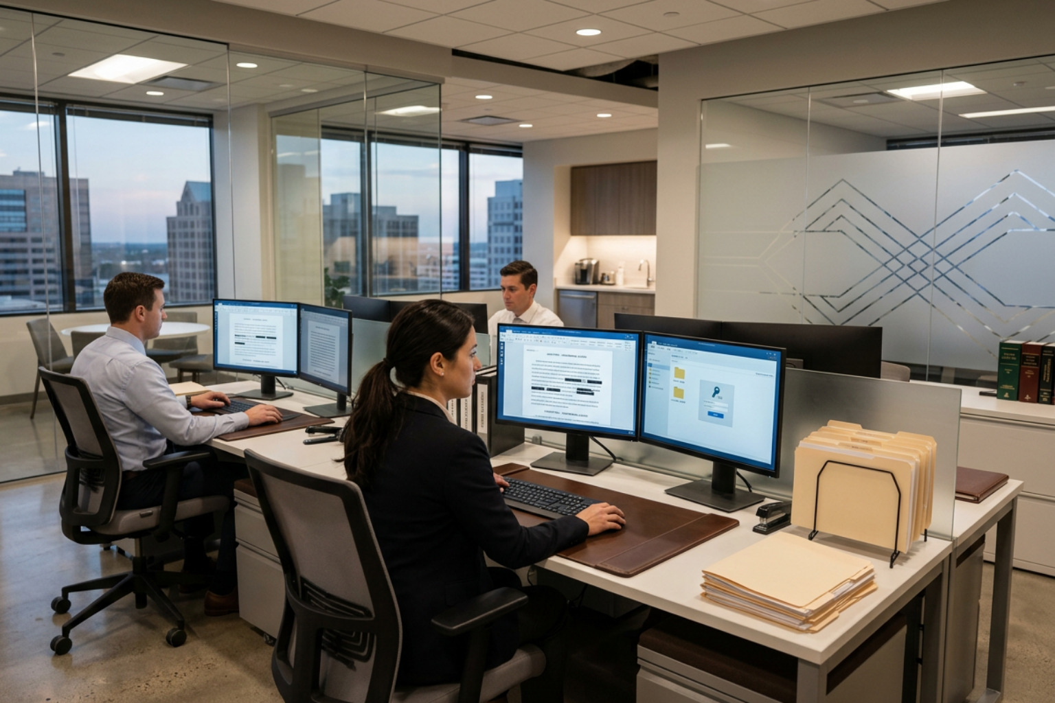 Modern law office with secure digital workstations displaying encrypted legal documents